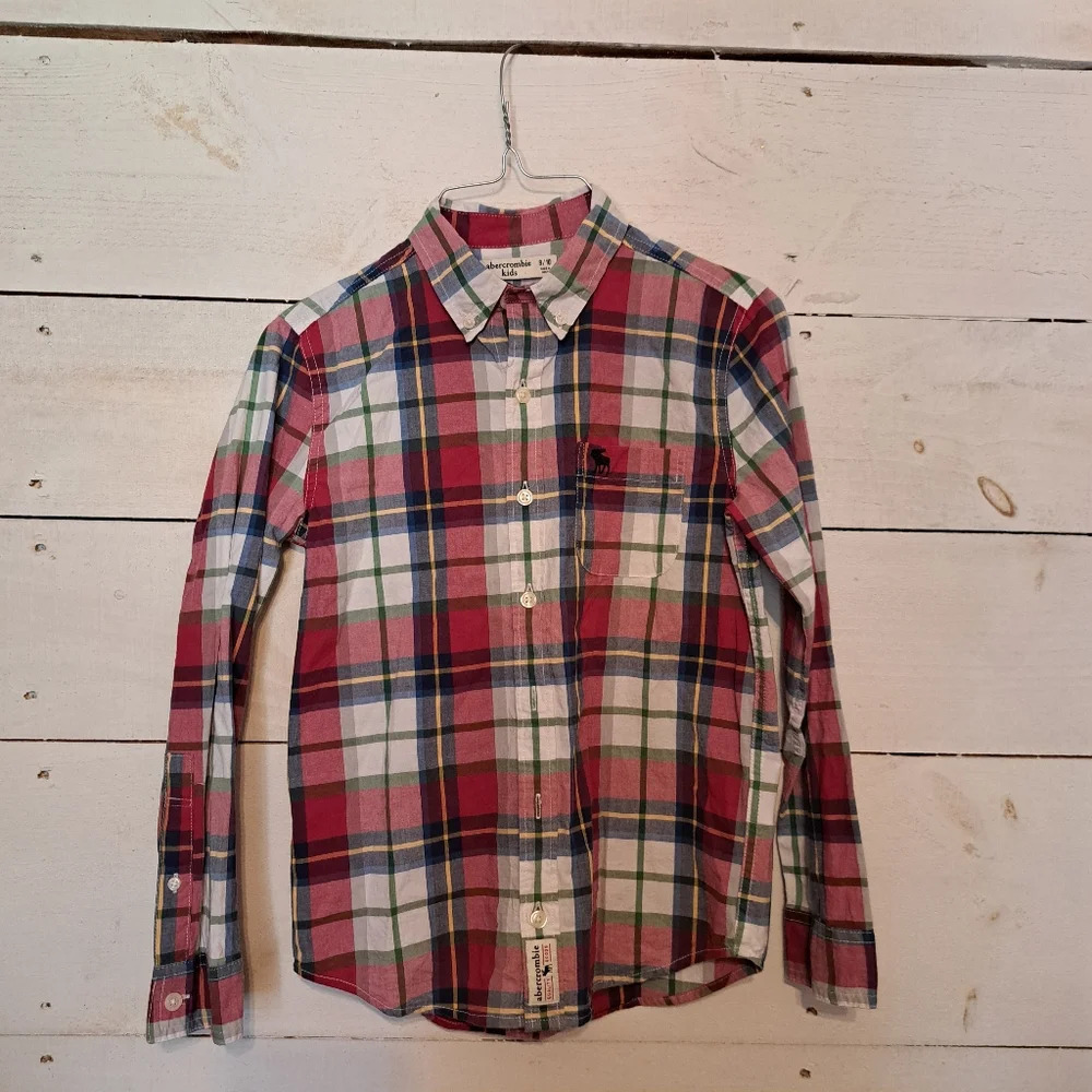 Abercrombie Kids Boys Flannel Plaid Shirt Size 9/10 Button Up Long Sleeve Red
